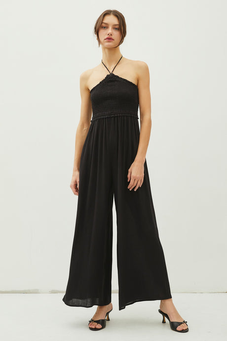Back Cutout Smocked Halter Wide Leg Jumpsuit