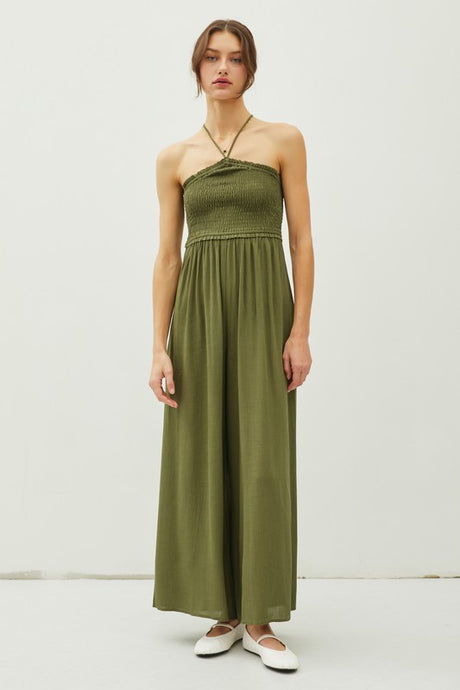 Olive Cutout Smocked Halter Wide Leg Jumpsuit