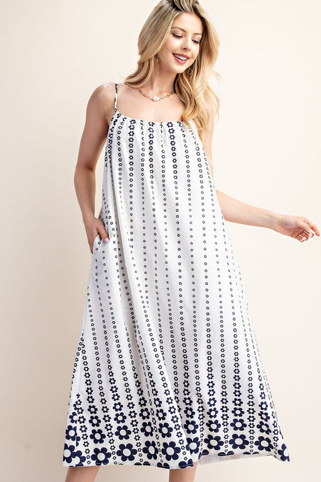 White Floral Printed Flare Midi Dress