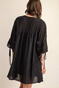 Black Adjustable Shirred Sleeve Dress