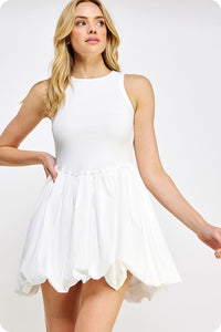 White Knit Contrast Balloon Poplin Mini Dress