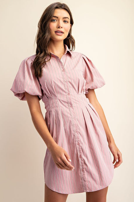 Pink Striped Button Down Shirt Dress