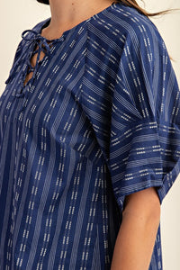 Navy Pleated Balloon Sleeve Novelty Top