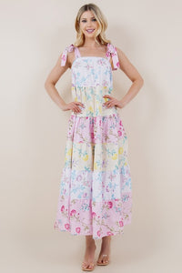 Multi Floral Print Color Block Tie Strap Dress