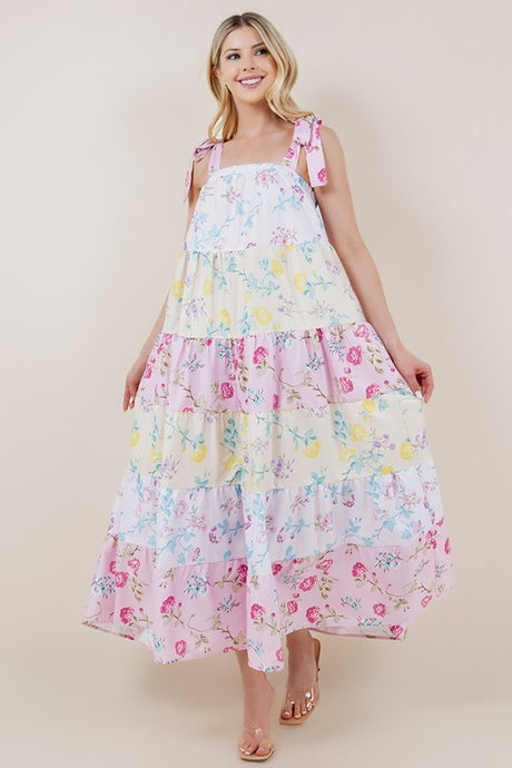Multi Floral Print Color Block Tie Strap Dress