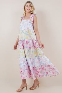 Multi Floral Print Color Block Tie Strap Dress