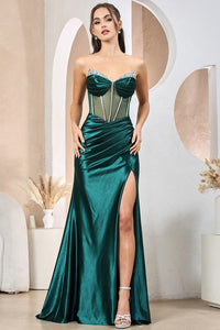 Emerald Sleeveless/Strapless Illusion Top Satin Mermaid Dress