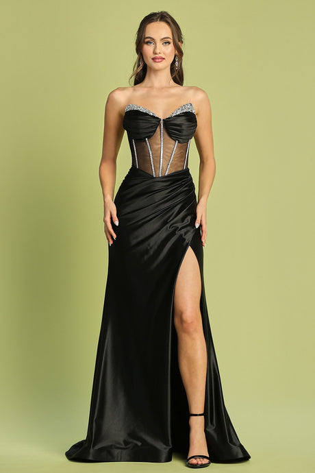 Black Sleeveless/Strapless Illusion Top Satin Mermaid Dress