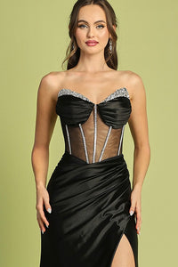 Black Sleeveless/Strapless Illusion Top Satin Mermaid Dress