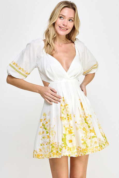 Off White Solid Floral Contrast Dress