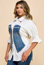 White Stylish Cotton Blouse With Denim Corset Detail, With Pink And Gold Rhinestones