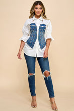 White Stylish Cotton Blouse With Denim Corset Detail, With Pink And Gold Rhinestones