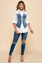 White Stylish Cotton Blouse With Denim Corset Detail, With Pink And Gold Rhinestones
