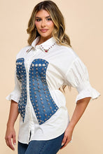 White Stylish Cotton Blouse With Denim Corset Detail, With Pink And Gold Rhinestones