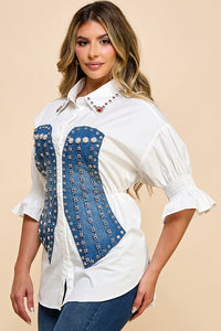 White Stylish Cotton Blouse With Denim Corset Detail, With Pink And Gold Rhinestones