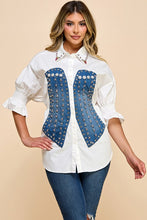 White Stylish Cotton Blouse With Denim Corset Detail, With Pink And Gold Rhinestones
