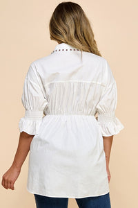 White Stylish Cotton Blouse With Denim Corset Detail, With Pink And Gold Rhinestones