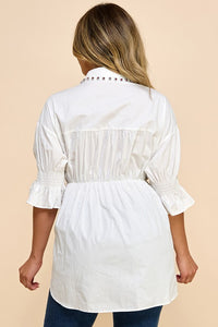 White Stylish Cotton Blouse With Denim Corset Detail, With Pink And Gold Rhinestones