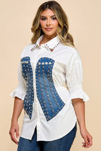 White Stylish Cotton Blouse With Denim Corset Detail, With Pink And Gold Rhinestones