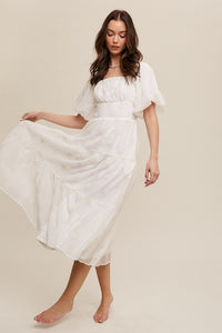 Cream Flower Embroidered Puff Sleeve Tiered Maxi Dress