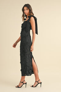 Black Shoulder Strap Lace Floral Midi Dress