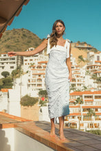 Off White Shoulder Strap Lace Floral Midi Dress