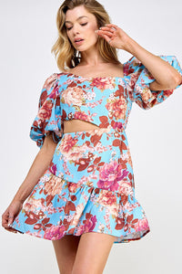 Pink Floral Print Cutout Puff Sleeve Dress