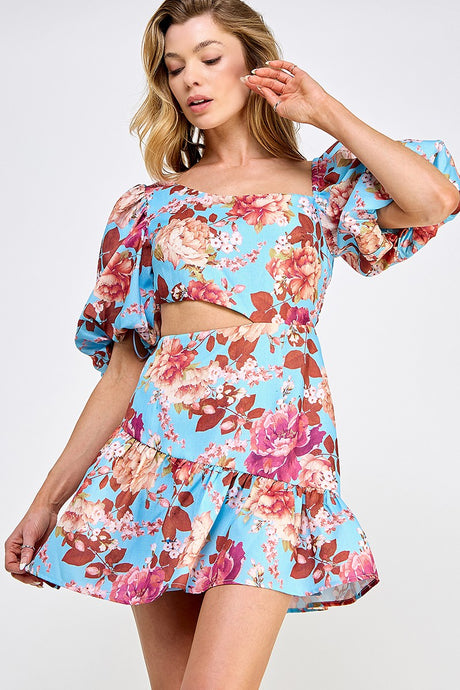 Pink Floral Print Cutout Puff Sleeve Dress