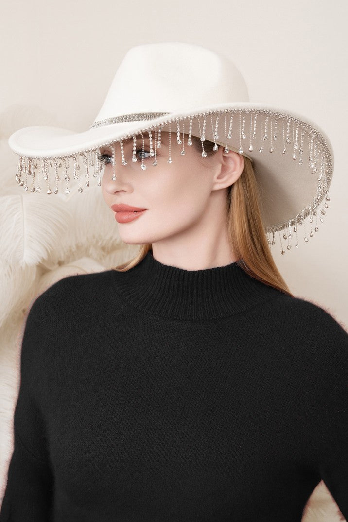 Rhinestone Stone Paved Fringe Around Cowboy Western Hat Black Rhinestone Band Paved Fringe Cowboy Western Hat  main image 4