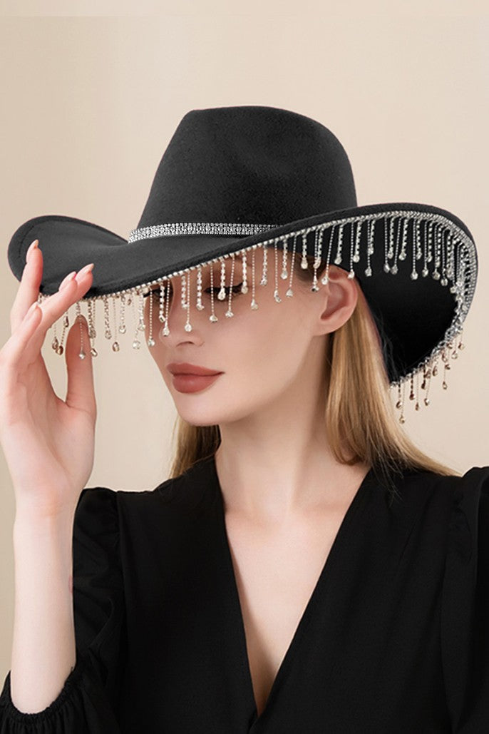 Black Rhinestone Band Paved Fringe Cowboy Western Hat  display picture 1