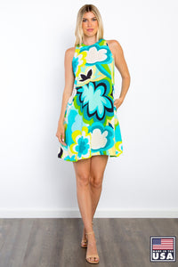 Blue Floral Print Woven Dress