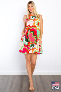 Coral Floral Print Woven Dress