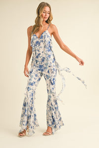 Off White Multi Floral Printed Open Back Jumpsuit With Frills