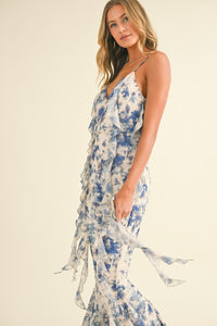 Off White Multi Floral Printed Open Back Jumpsuit With Frills