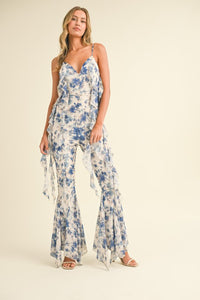 Off White Multi Floral Printed Open Back Jumpsuit With Frills