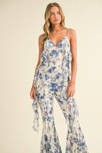 Off White Multi Floral Printed Open Back Jumpsuit With Frills