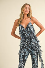 Black Multi Floral Printed Open Back Jumpsuit With Frills
