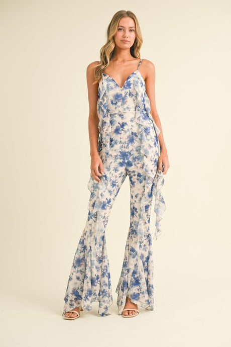 Off White Multi Floral Printed Open Back Jumpsuit With Frills