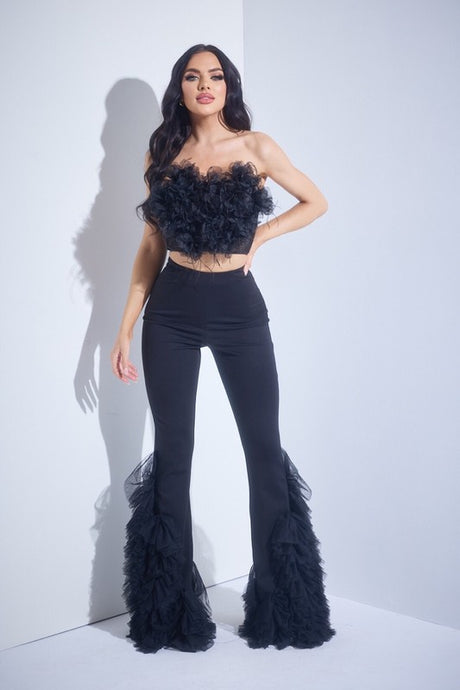 Black Two Pieces Set Feathers And Mesh