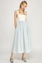 Off White/Blue Sleeveless Striped Sweater Woven Mix Midi Dress