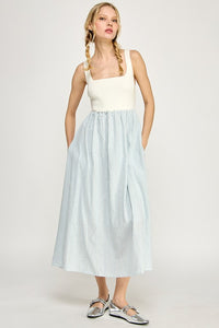 Off White/Blue Sleeveless Striped Sweater Woven Mix Midi Dress