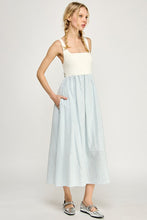Off White/Blue Sleeveless Striped Sweater Woven Mix Midi Dress