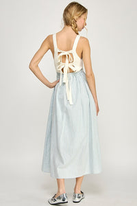 Off White/Blue Sleeveless Striped Sweater Woven Mix Midi Dress
