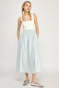 Off White/Blue Sleeveless Striped Sweater Woven Mix Midi Dress