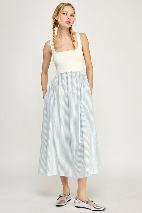 Off White/Blue Sleeveless Striped Sweater Woven Mix Midi Dress