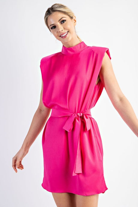 Hot Pink Ren Mock Neck Shoulder Padded Satin Mini Dress