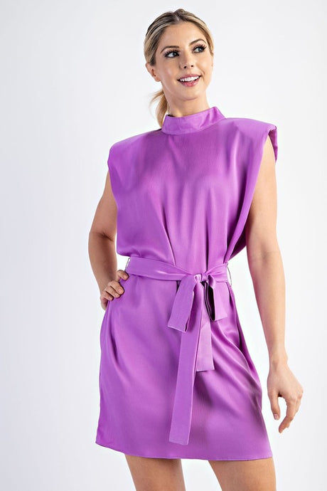 Lavender Ren Mock Neck Shoulder Padded Satin Mini Dress