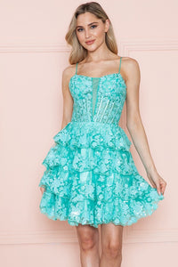 Green Skinny Straps Sequin Detail Tier Skirt Short Dress
