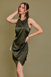 Olive Sleeveless Asymmetric Hem Line Dress
