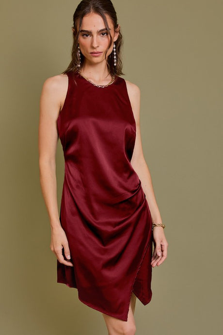 Wine Sleeveless Asymmetric Hem Line Dress
